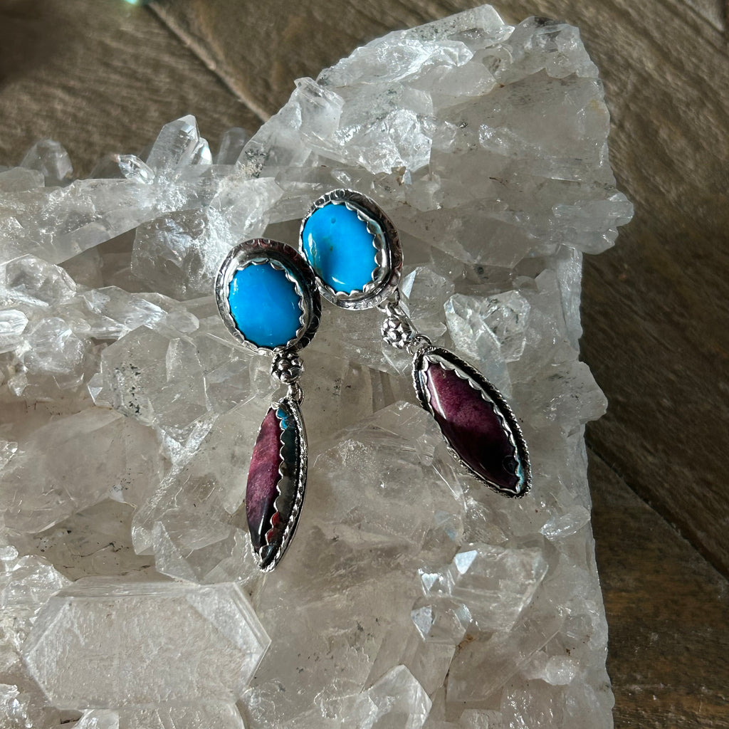 Dramatic Kingman Turquoise Purple Spiny Oyster Earrings Sunburst