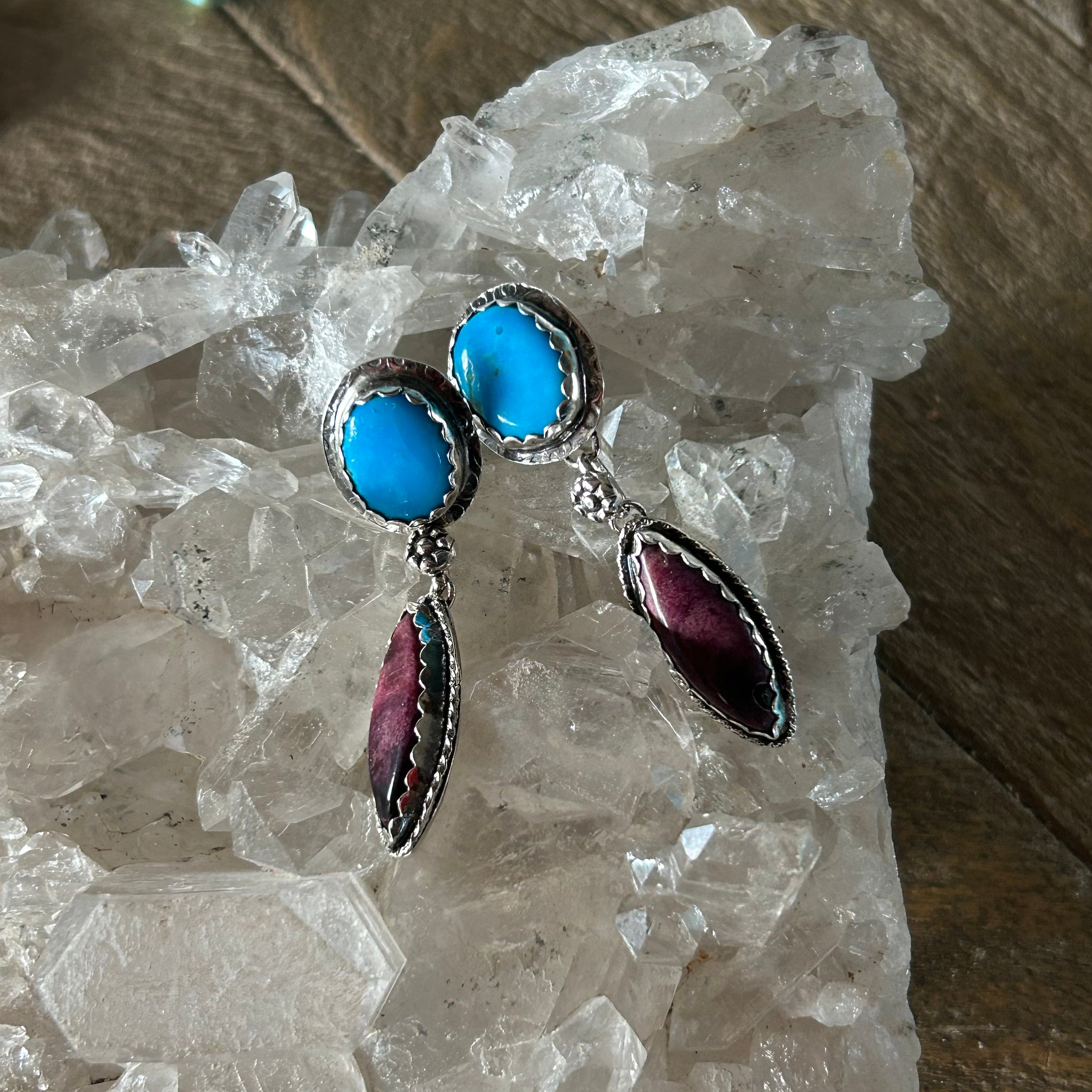 Dramatic Kingman Turquoise Purple Spiny Oyster Earrings Sunburst