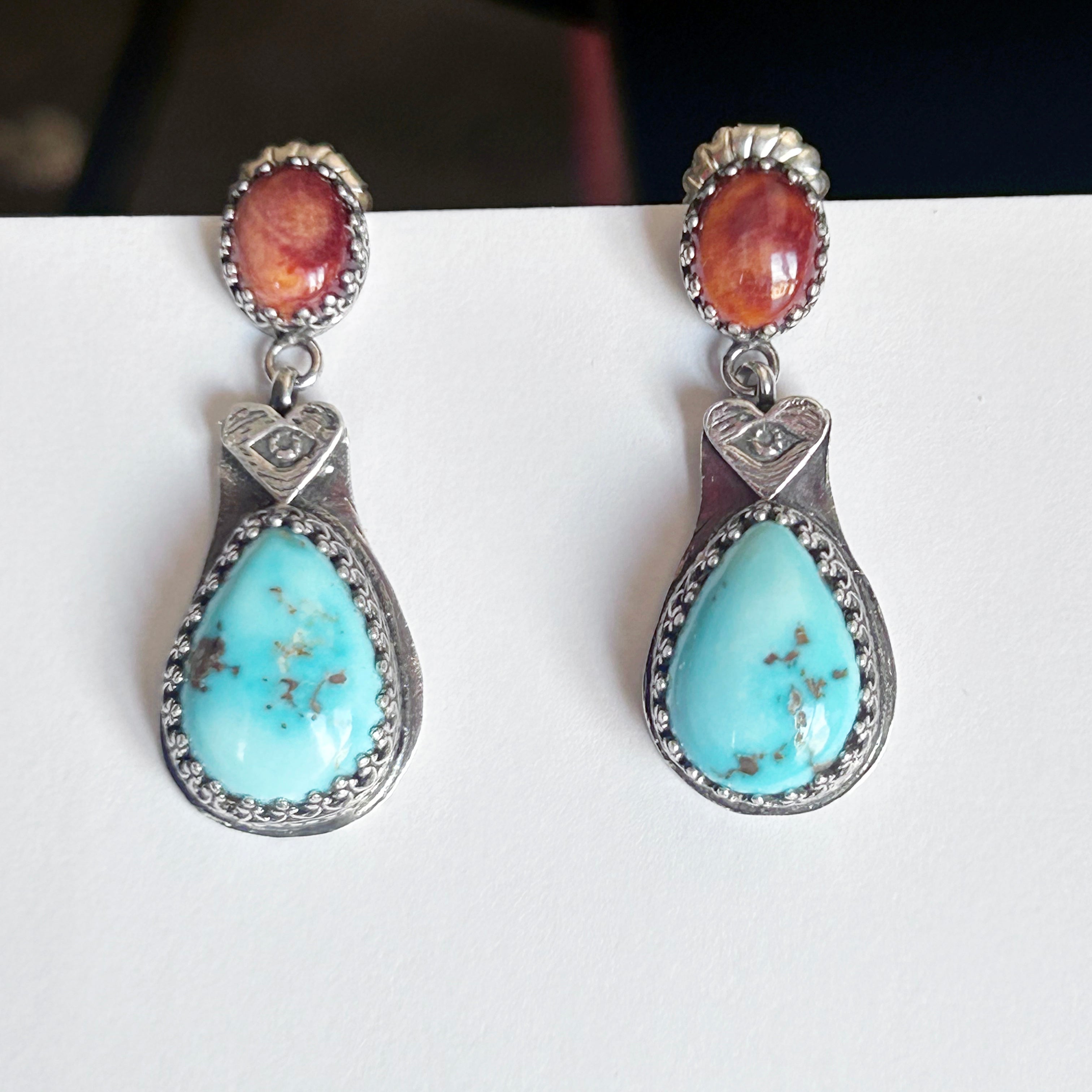 AAA DRY CREEK Turquoise and Spiny Oyster Earrings Sterling Boho Southwest