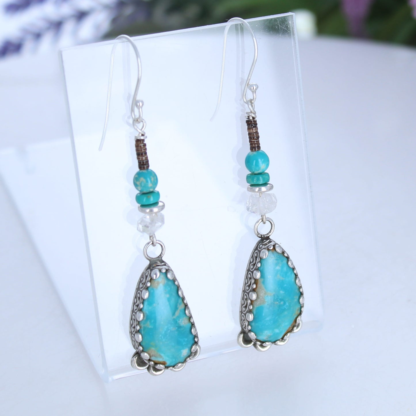 Royston Turquoise Earrings Moons with Sparkling Herkimer Diamonds Sterling