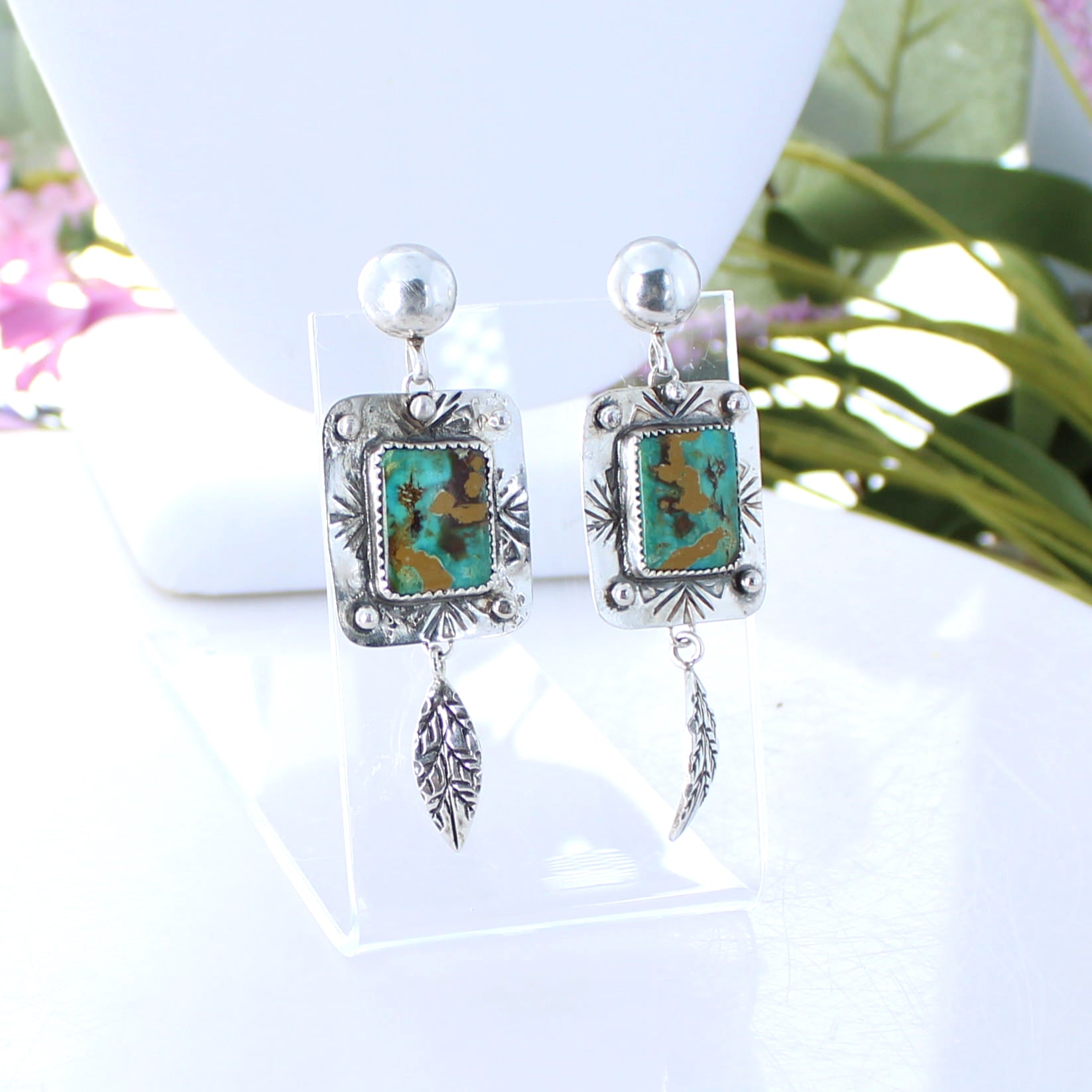 Geometric Patterned Emerald Green Royston Turquoise Earrings Southwest 2.7"
