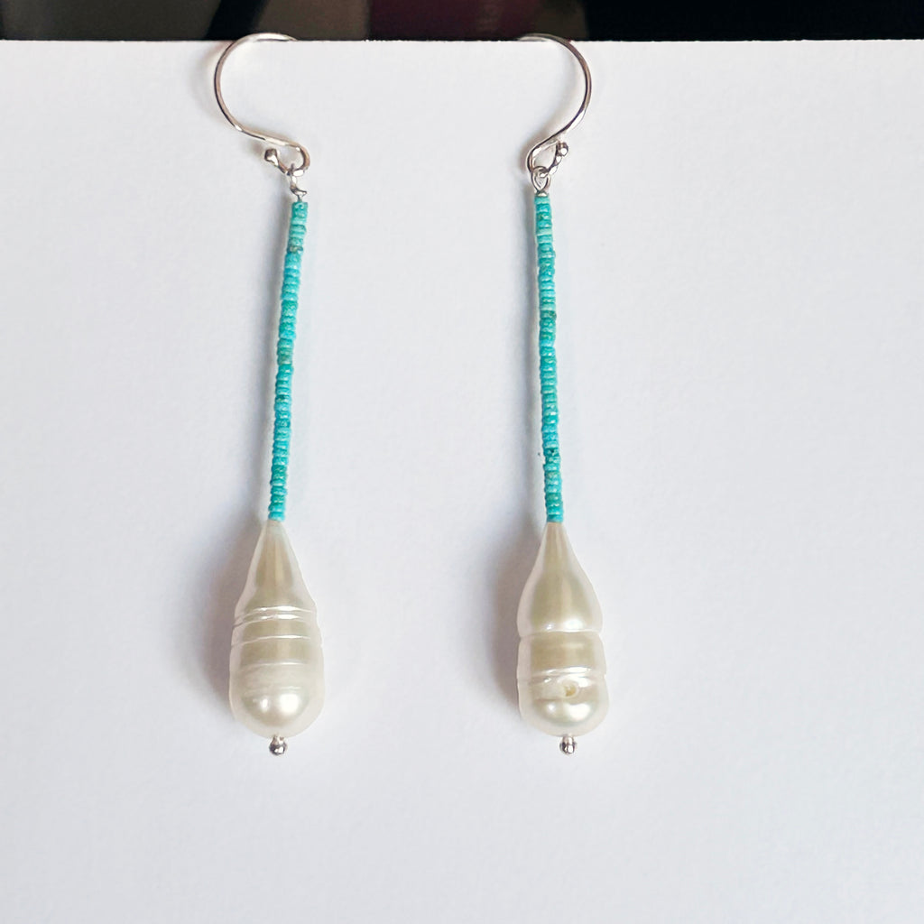 Tiny Kingman Turquoise and Large Pearl Earrings Sterling Silver 3"
