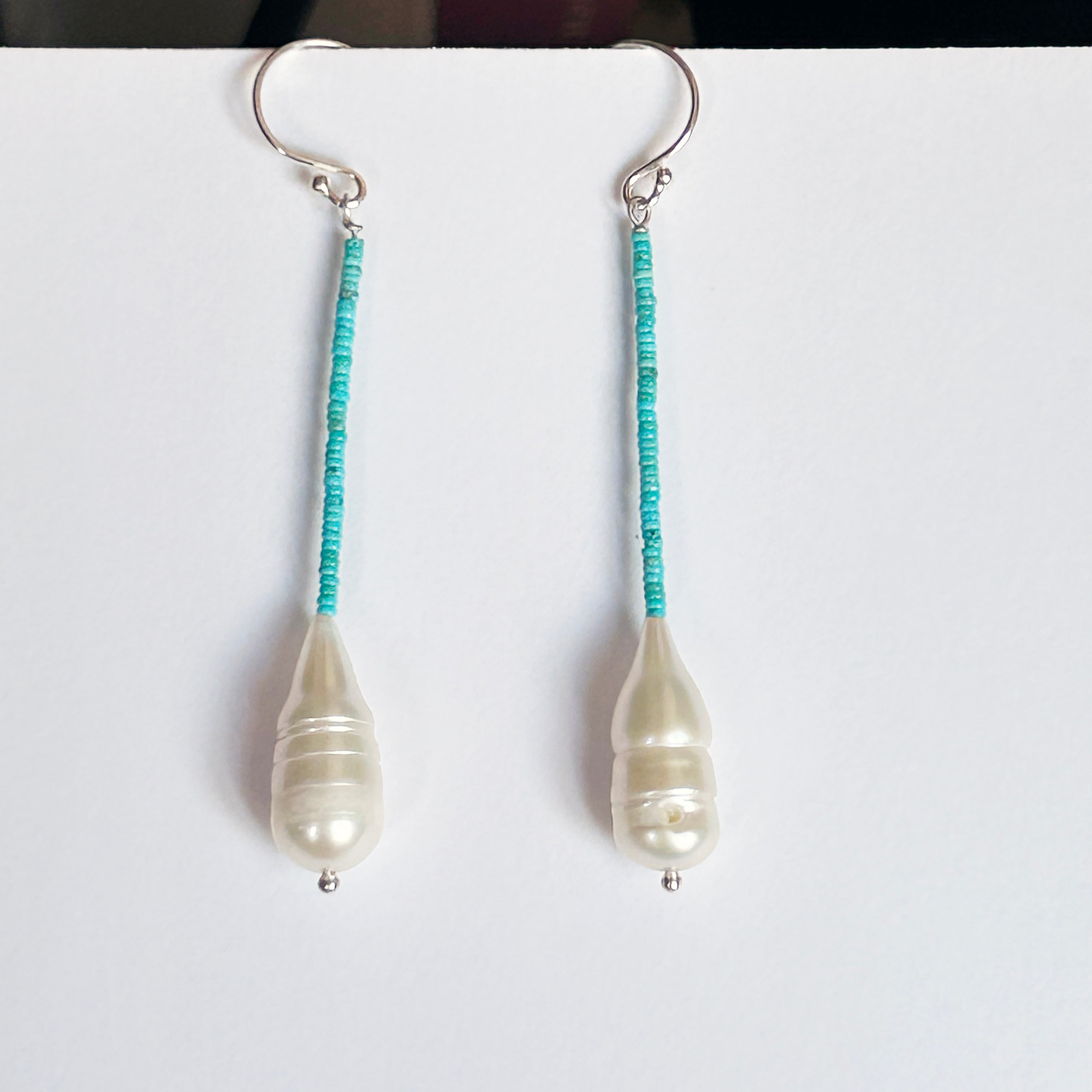Tiny Kingman Turquoise and Large Pearl Earrings Sterling Silver 3"
