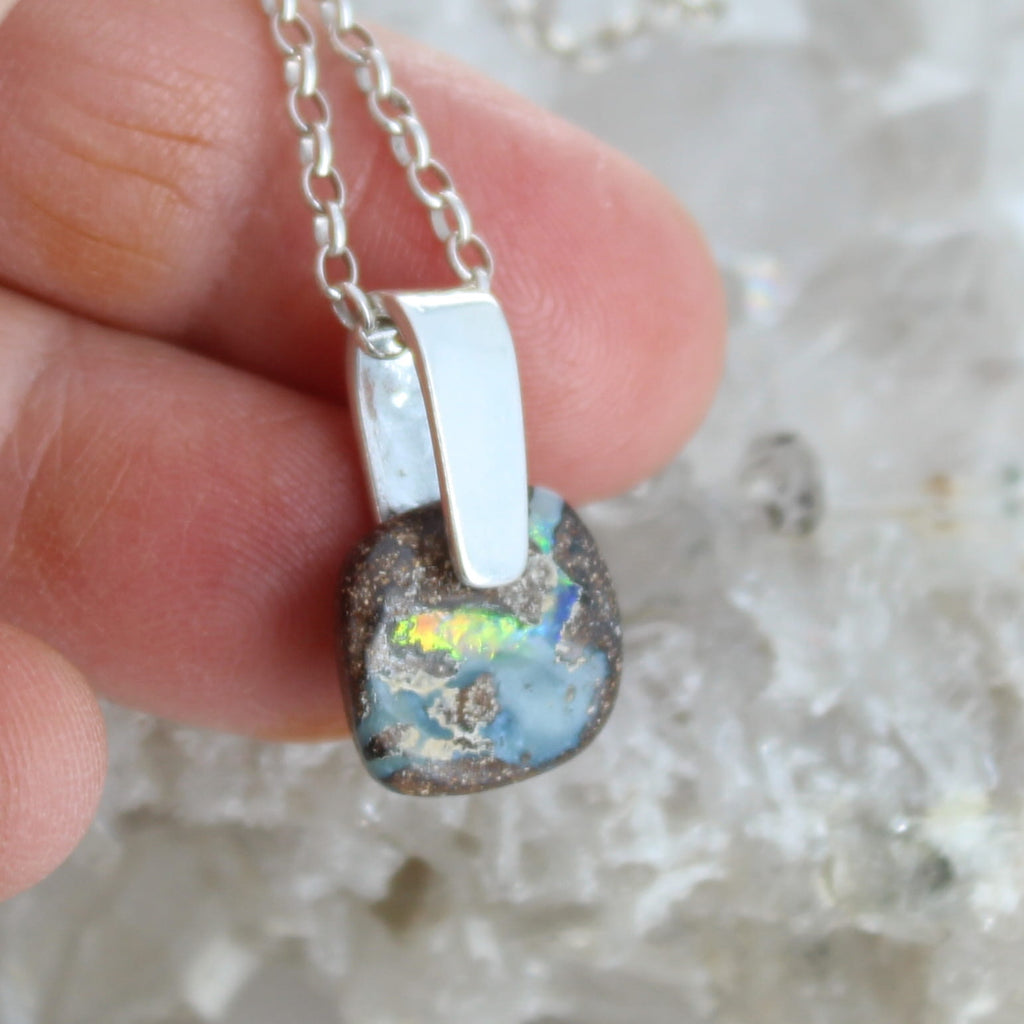 BOULDER OPAL PENDANT Australian Opal Colorful Necklace Sterling 16" #1