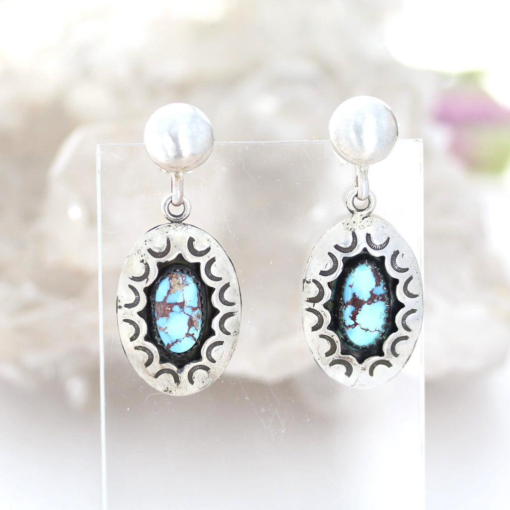 Kazakhstan Turquoise Earrings Shadow Box Oval Patterned Sterling Silver