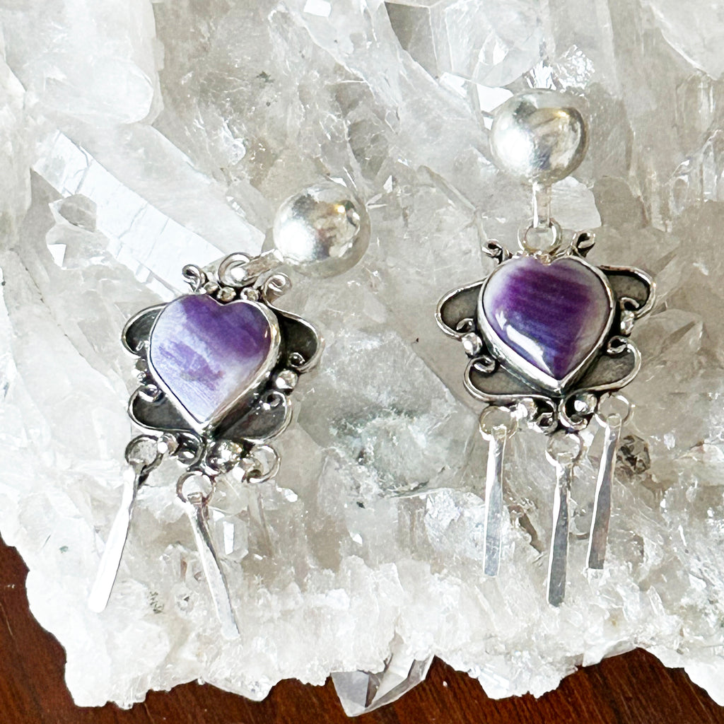 Purple Spiny Oyster Hearts Earrings Sterling Scroll Design Dangles NewWorldGems