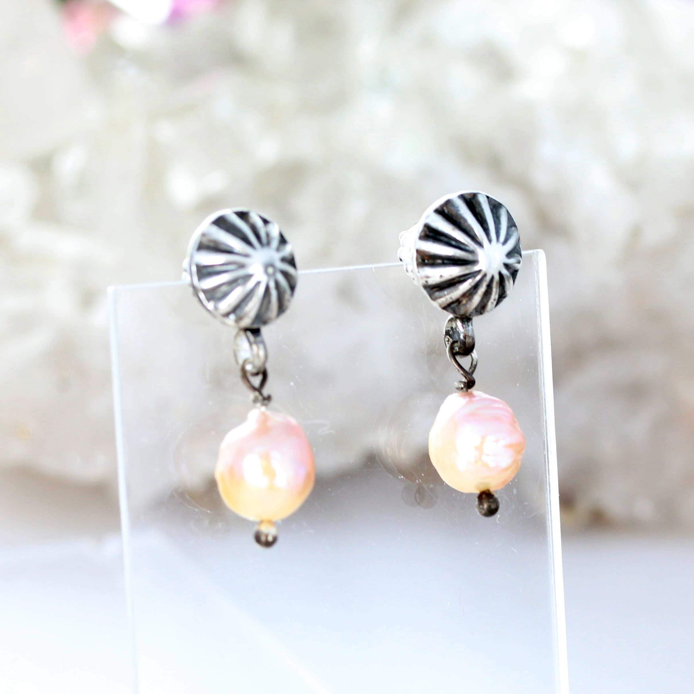 Baroque 11mm Pearl Earrings Sunburst Posts Southwestern Elegance Light