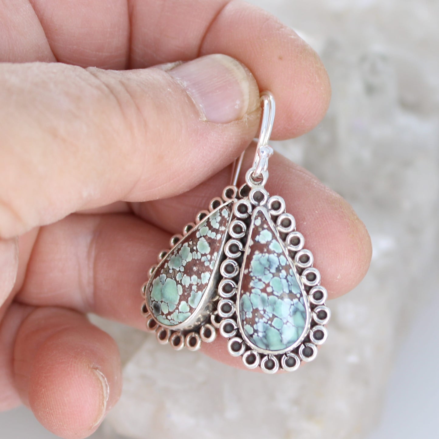 TIBETAN TURQUOISE Earrings Teardrops Steel Blue Sterling NewWorldGems