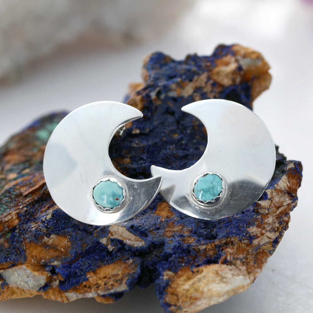 Carico Lake Turquoise Crescent Moon Earrings Sterling Posts Large
