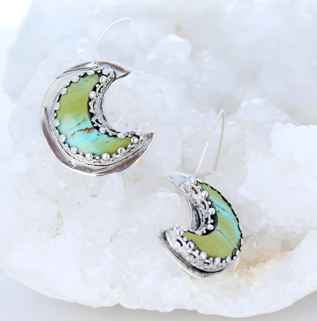 Kingman Turquoise Crescent Moon Earrings Sterling Green Blue -NewWorldGems