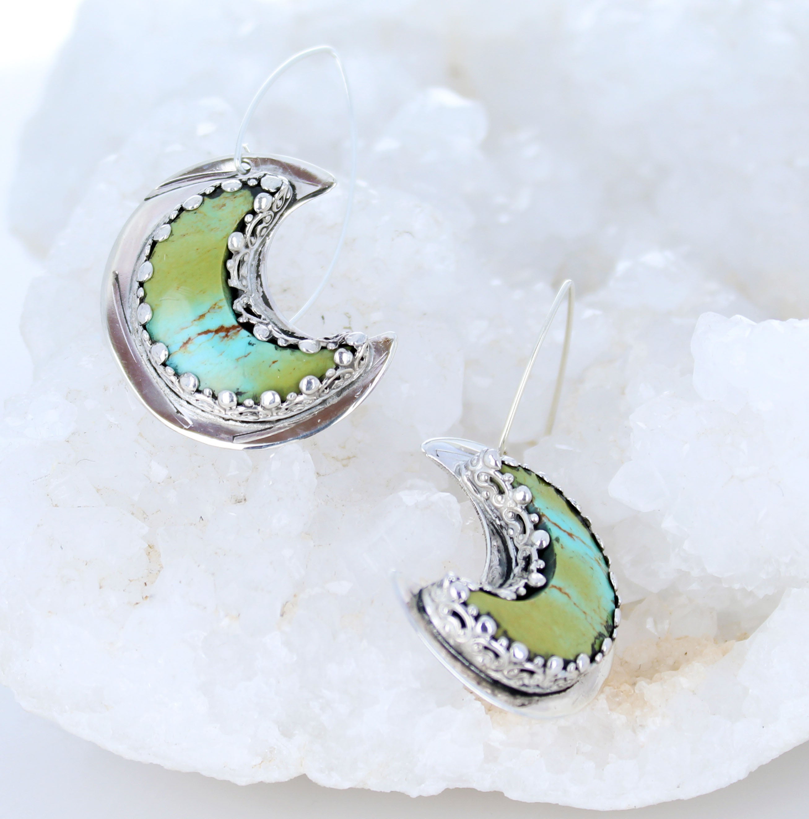 Kingman Turquoise Crescent Moon Earrings Sterling Green Blue -NewWorldGems
