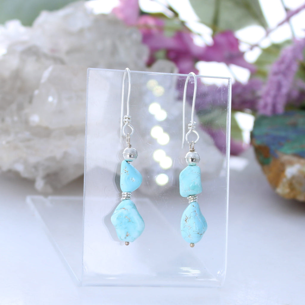Beautiful 2 Stone Lone Mountain Nevada Turquoise Earrings Sterling Silver
