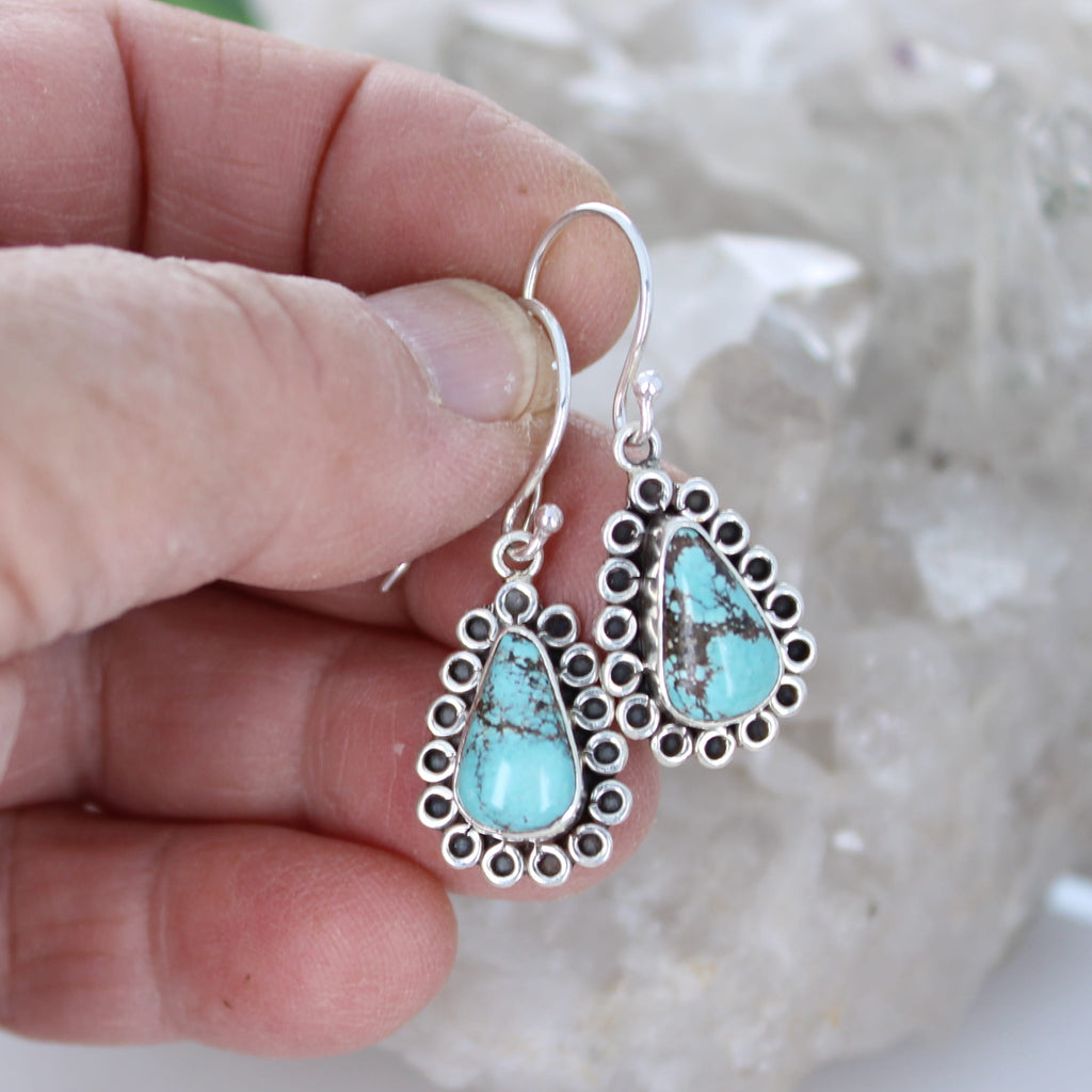 Nevada #8 TURQUOISE Mine Earrings Teardrops Sterling NewWorldGems
