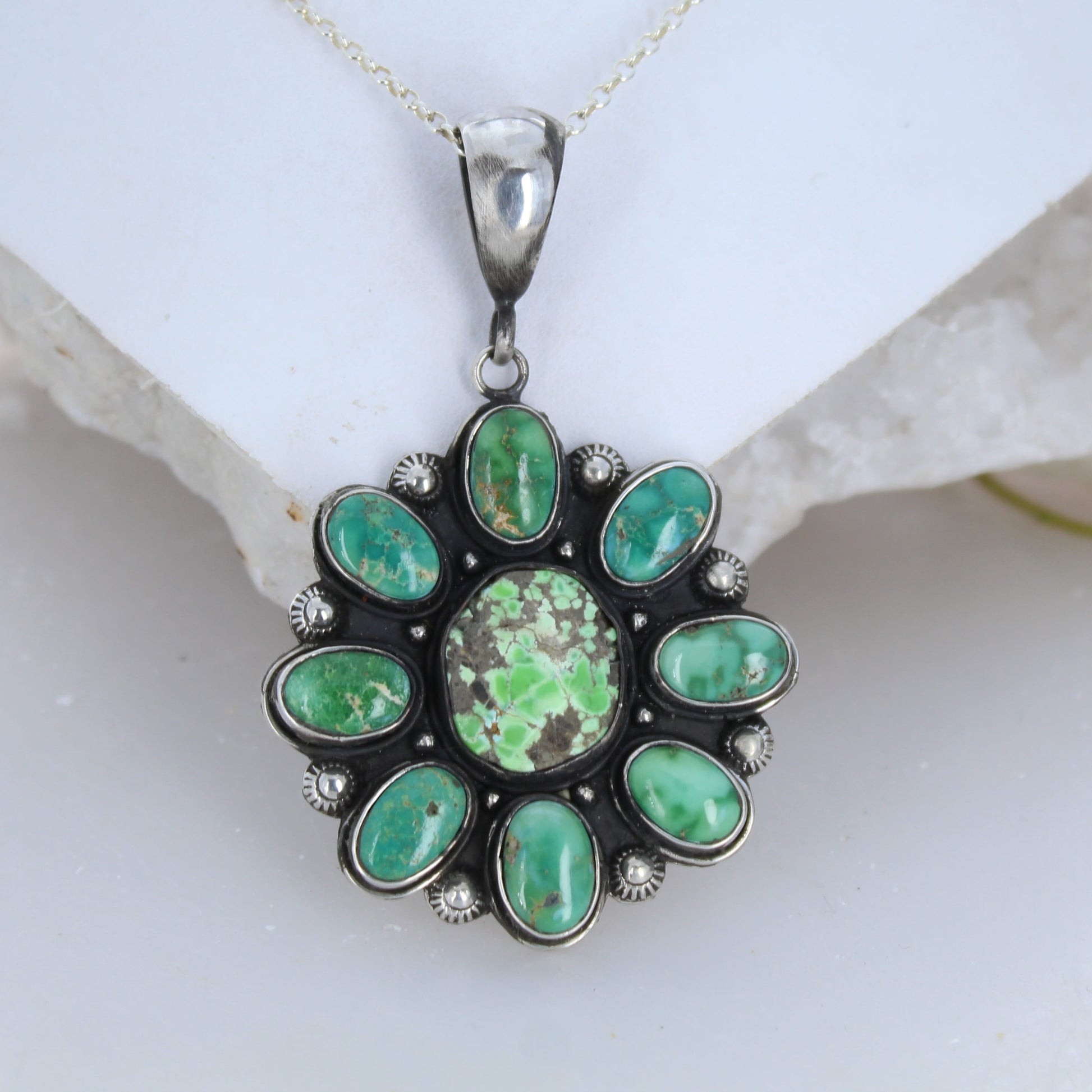 Emerald Turquoise Pendant Sterling with Carico Lake Turquoise Faustite -NewWorldGems