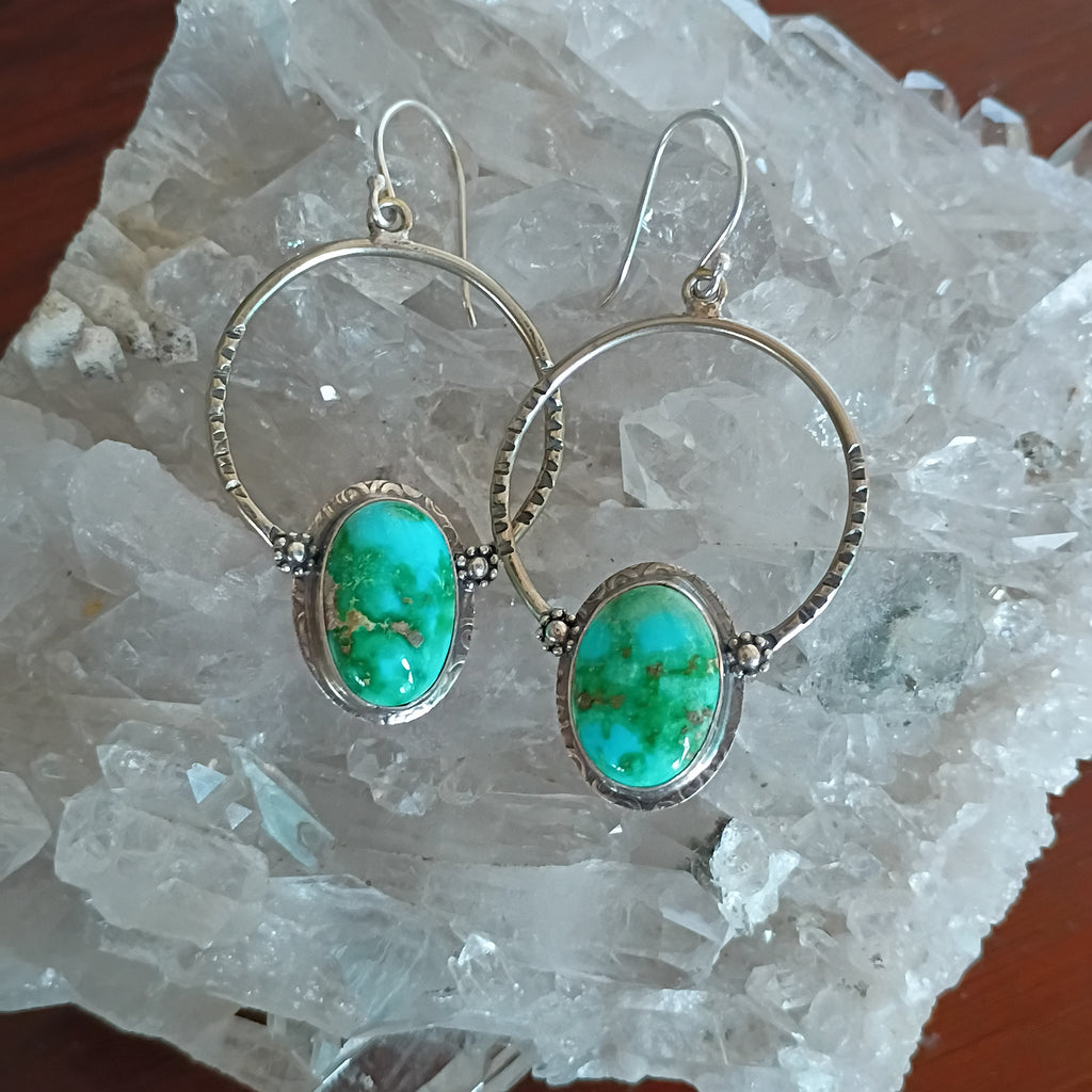 Gorgeous Blue Green Sonoran Gold Turquoise Earrings Hoops Sterling Silver