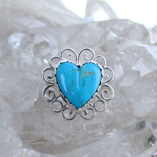 BRIGHT KINGMAN TURQUOISE Heart Ring Sterling Size 6.5 Spirals -NewWorldGems