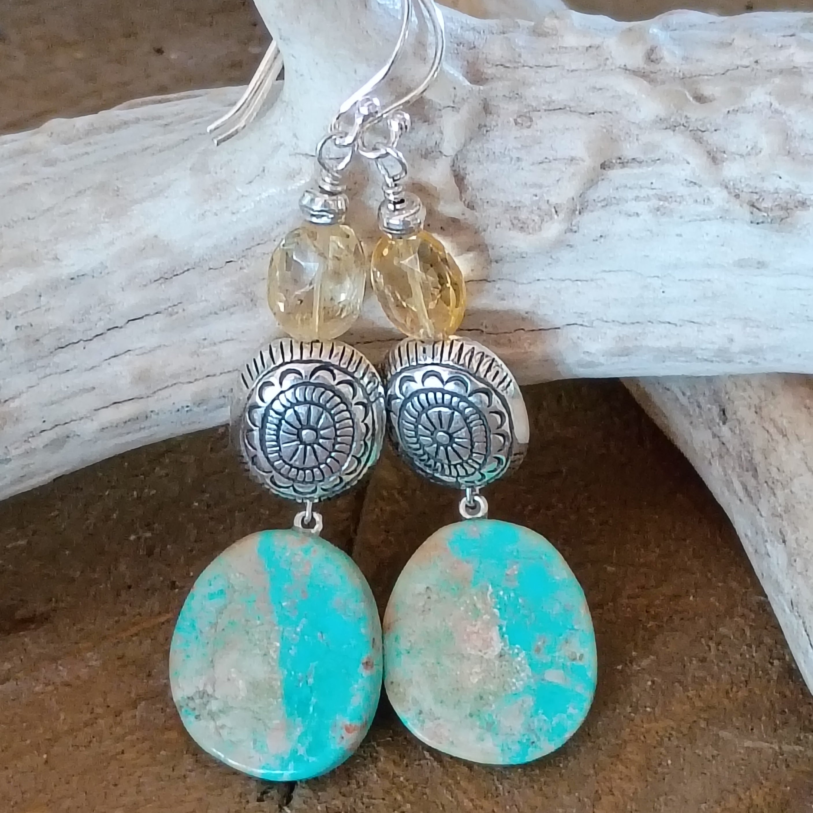 Sky Blue Elisa and Faceted Citrine Turquoise Earrings Southwestern Sterling 2.75"