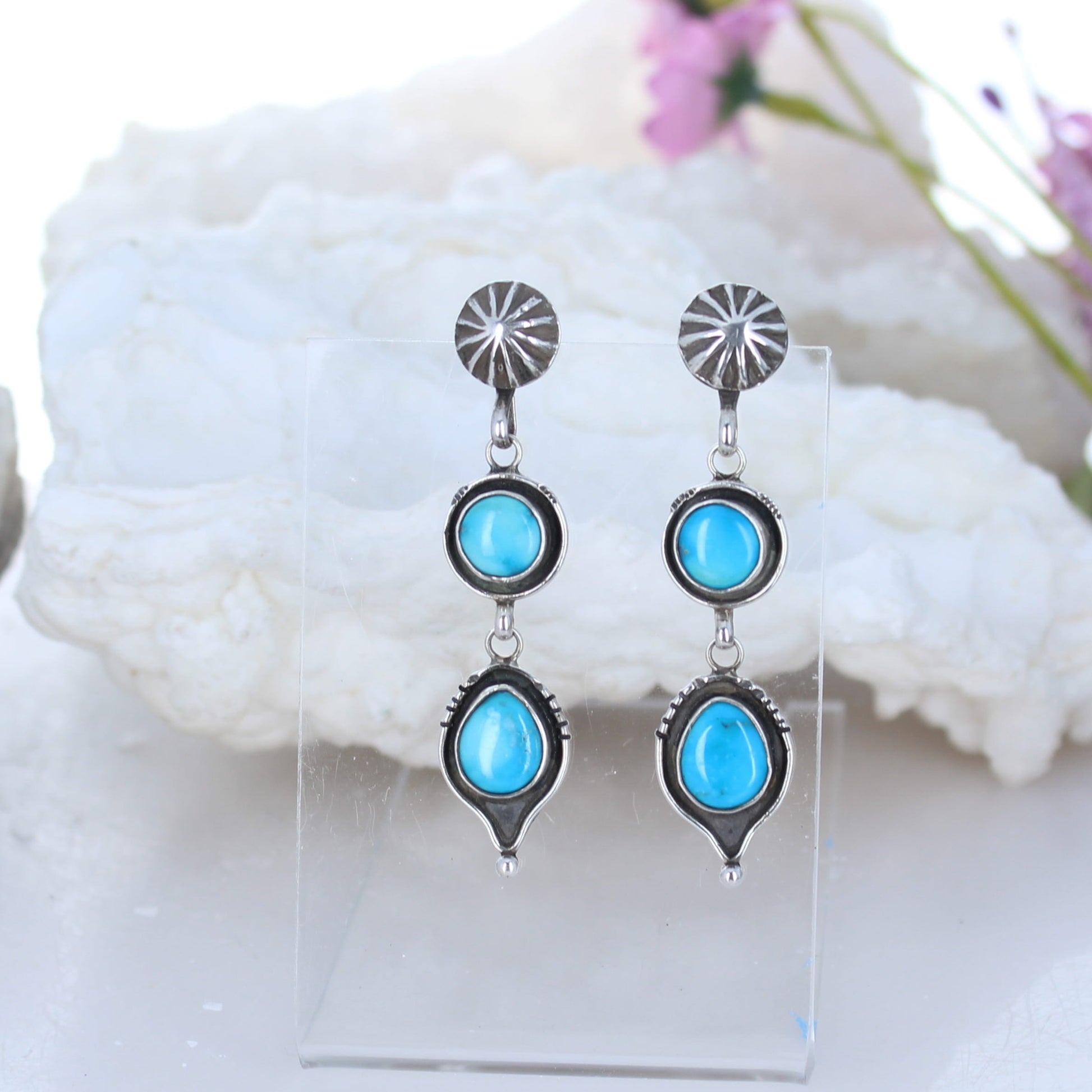 Sonoran Rose Turquoise Earrings 2 Stone Sunburst Post -NewWorldGems