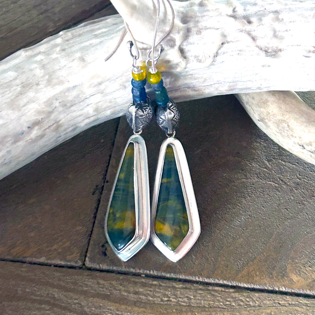 Dramatic Ancient Mali Dig Beads and Blue and Golden Tigereye Sterling Silver Earrings