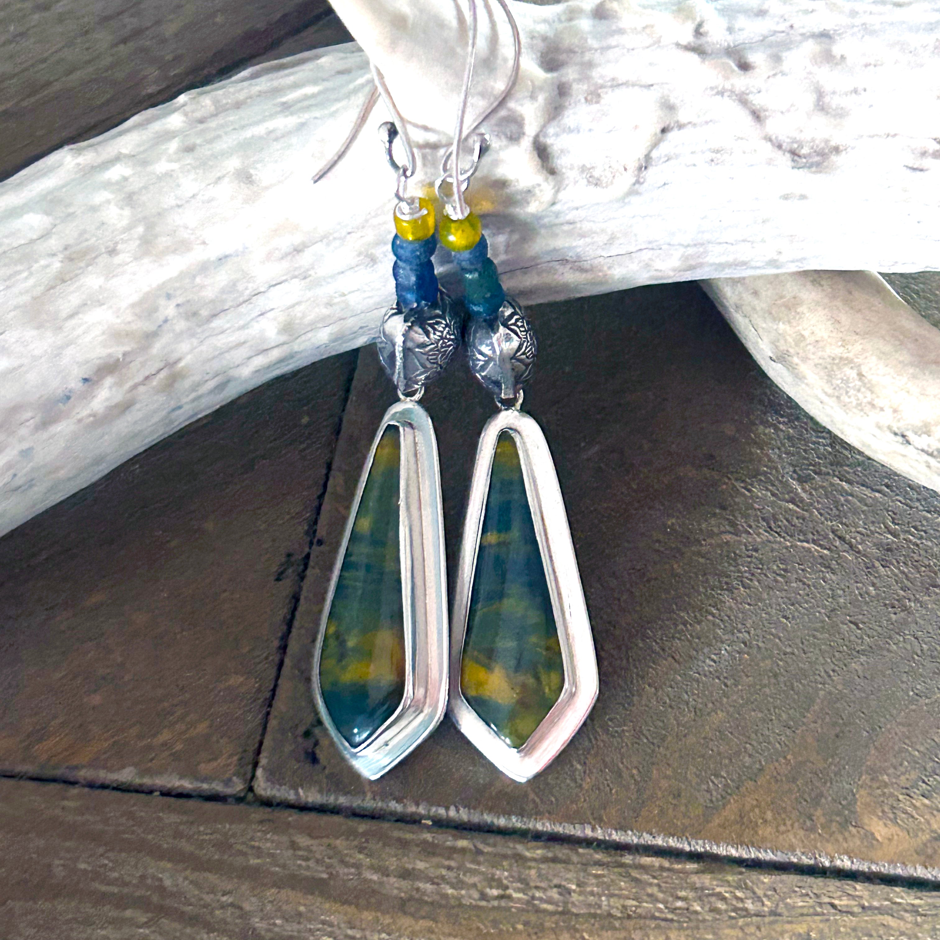 Dramatic Ancient Mali Dig Beads and Blue and Golden Tigereye Sterling Silver Earrings