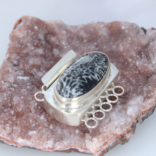 Large Black Fossil Coral Clasp Sterling 5 Strand 29x15mm -NewWorldGems
