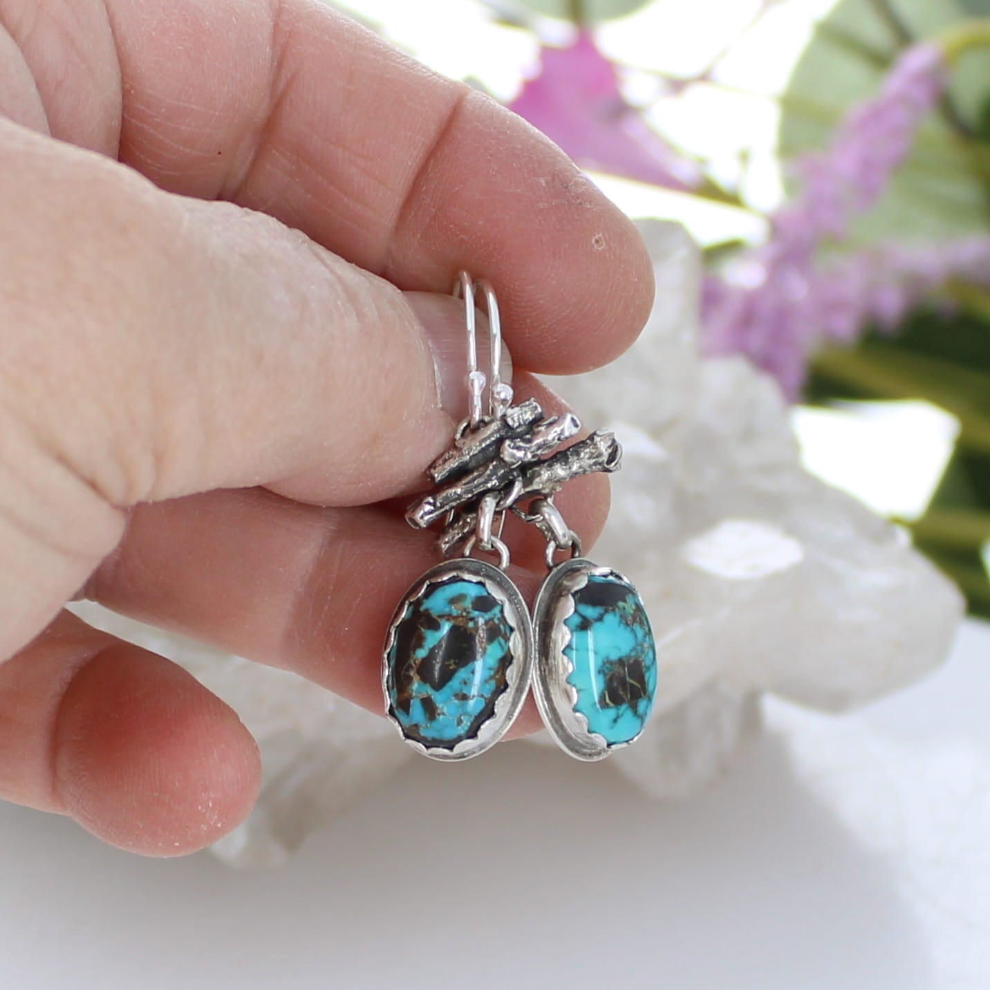 Deep Blue Rustic Carico Lake Turquoise Earrings Sterling Southwestern Style