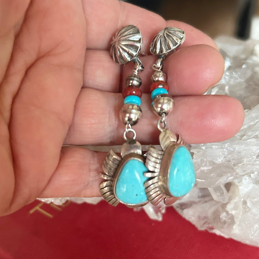 Beautiful Sky Blue Kingman Mine Turquoise and Red Cuprite Earrings Feathered