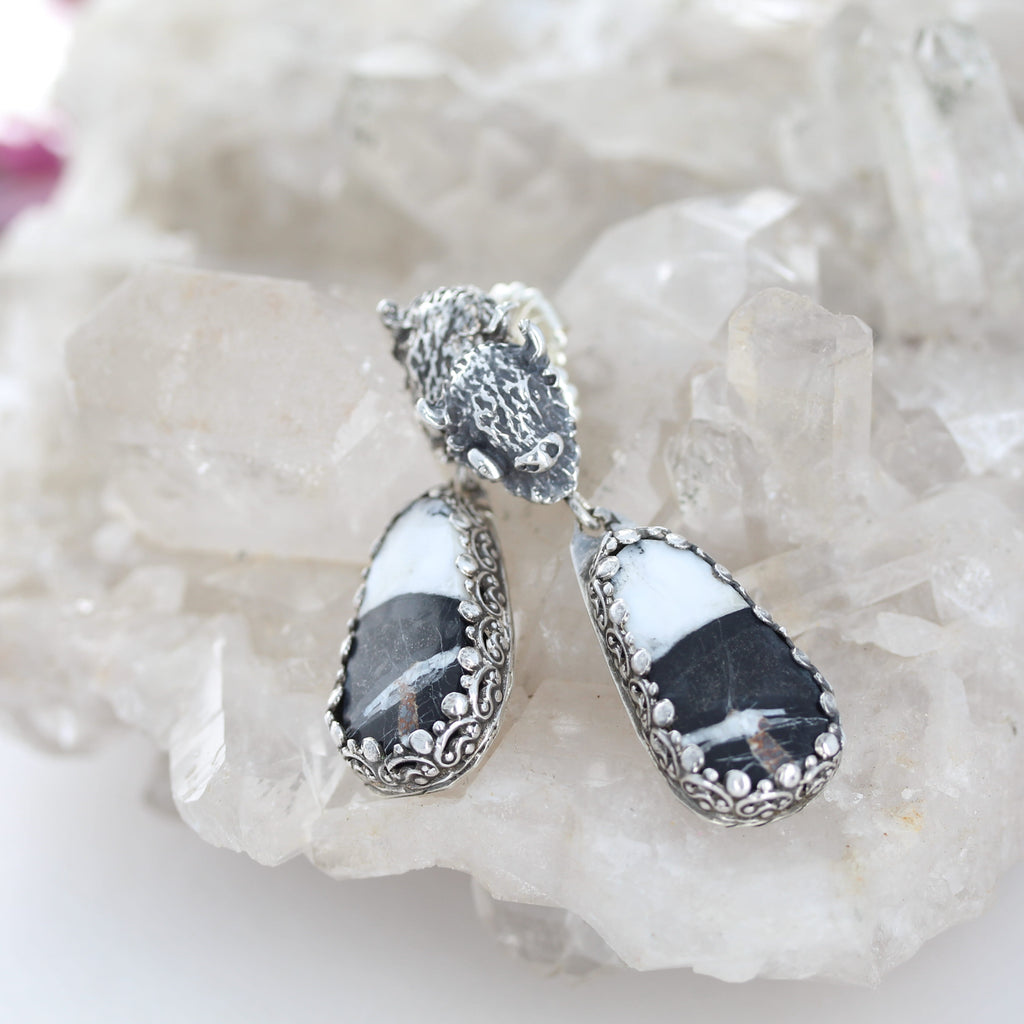 Buffalo Head White Buffalo Mine Turquoise Earrings Southwest Sterling #2