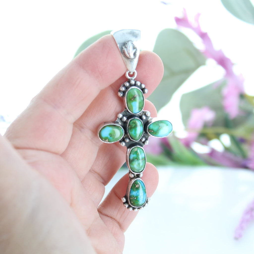 Sonoran Mountain Blue Green Turquoise Cross Pendant Sterling Silver Santa Fe