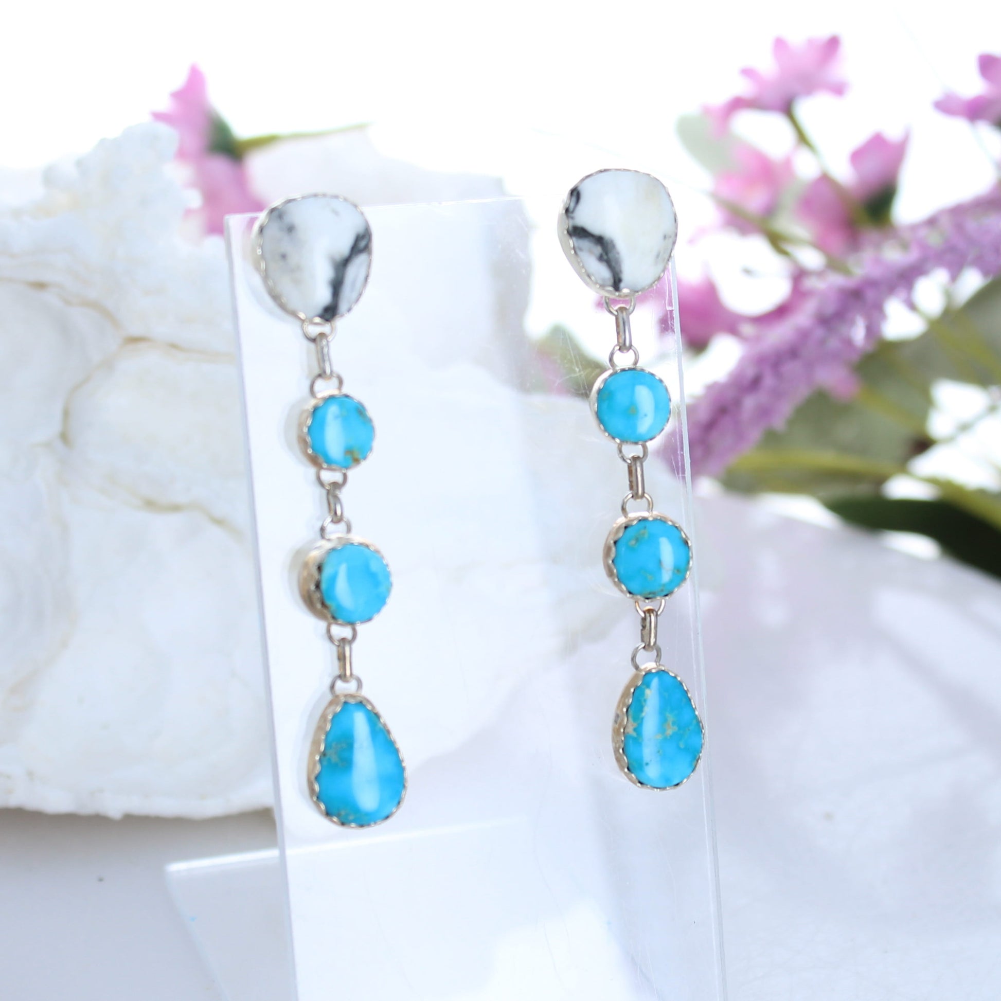 Blue Ridge and White Buffalo Turquoise Earrings Sterling 4 Stone -NewWorldGems