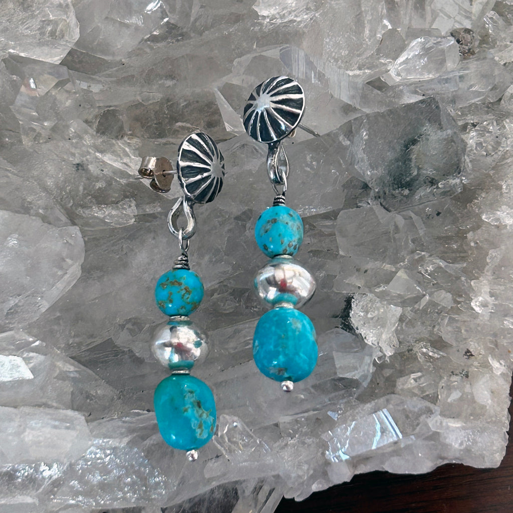 AAA Blue Sonoran Rose Turquoise Earrings 2 Stone Sterling Sunburst Posts