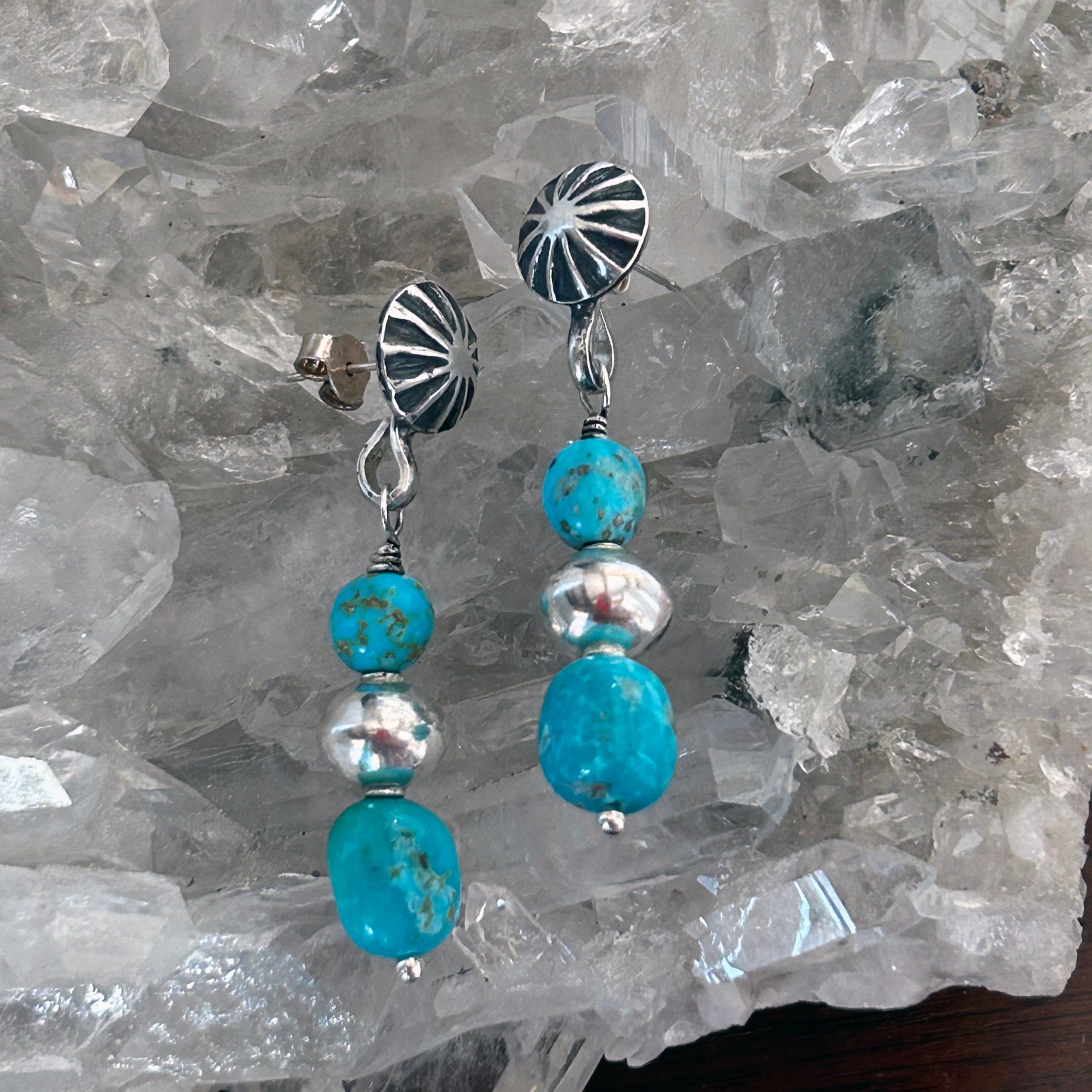 AAA Blue Sonoran Rose Turquoise Earrings 2 Stone Sterling Sunburst Posts