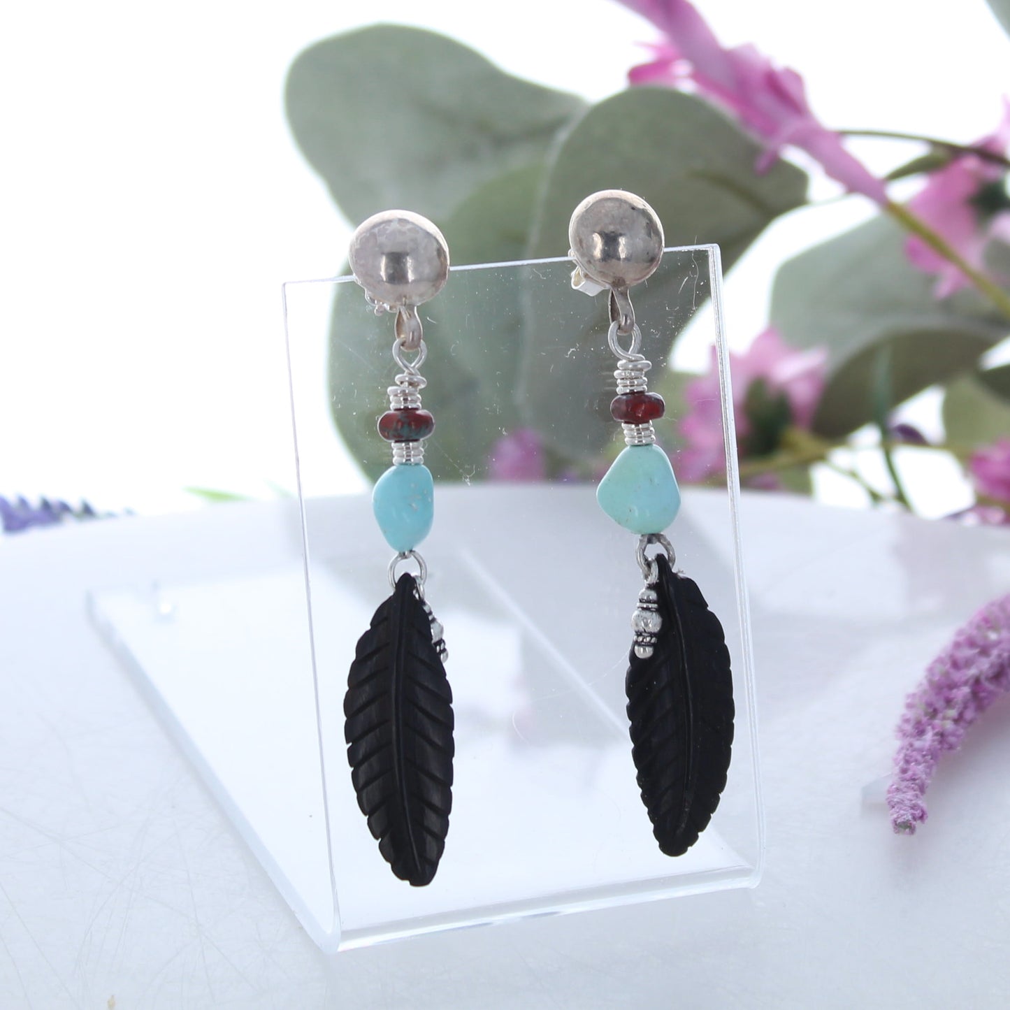 Beautiful Jet Lone Mountain Turquoise Earrings Hand Carved Feathers
