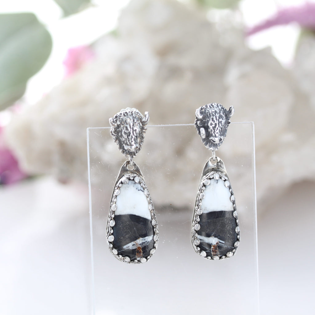 Buffalo Head White Buffalo Mine Turquoise Earrings Southwest Sterling #2