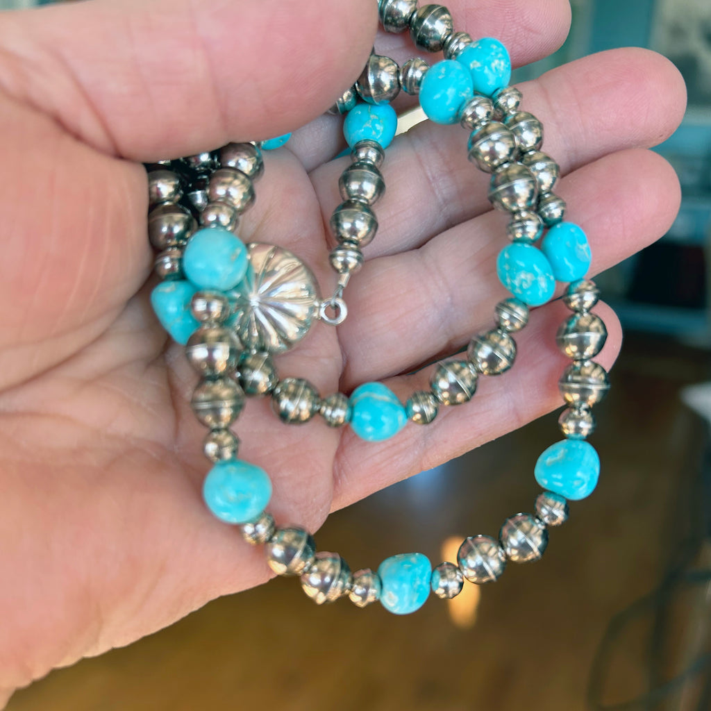 Natural Sleeping Beauty Turquoise Necklace Sterling Navajo Pearls 20"