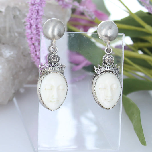 Unique Earrings Sterling Silver Carved Moon Goddess Faces