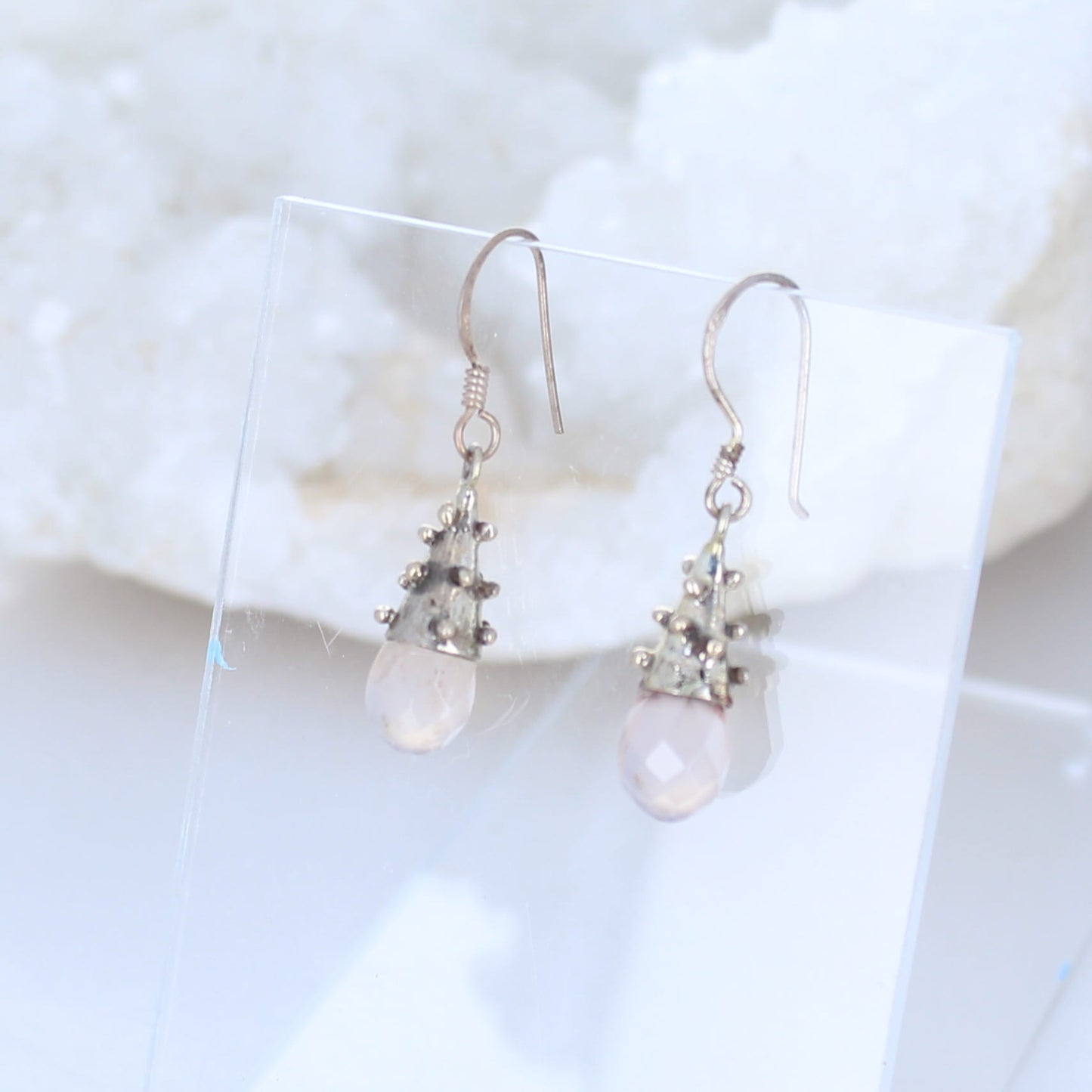 Pink Chalcedony Earrings Faceted Teardrops Sterling Silver -NewWorldGems