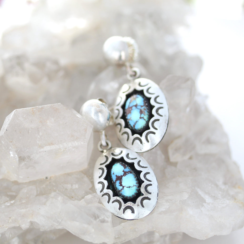 Kazakhstan Turquoise Earrings Shadow Box Oval Patterned Sterling Silver