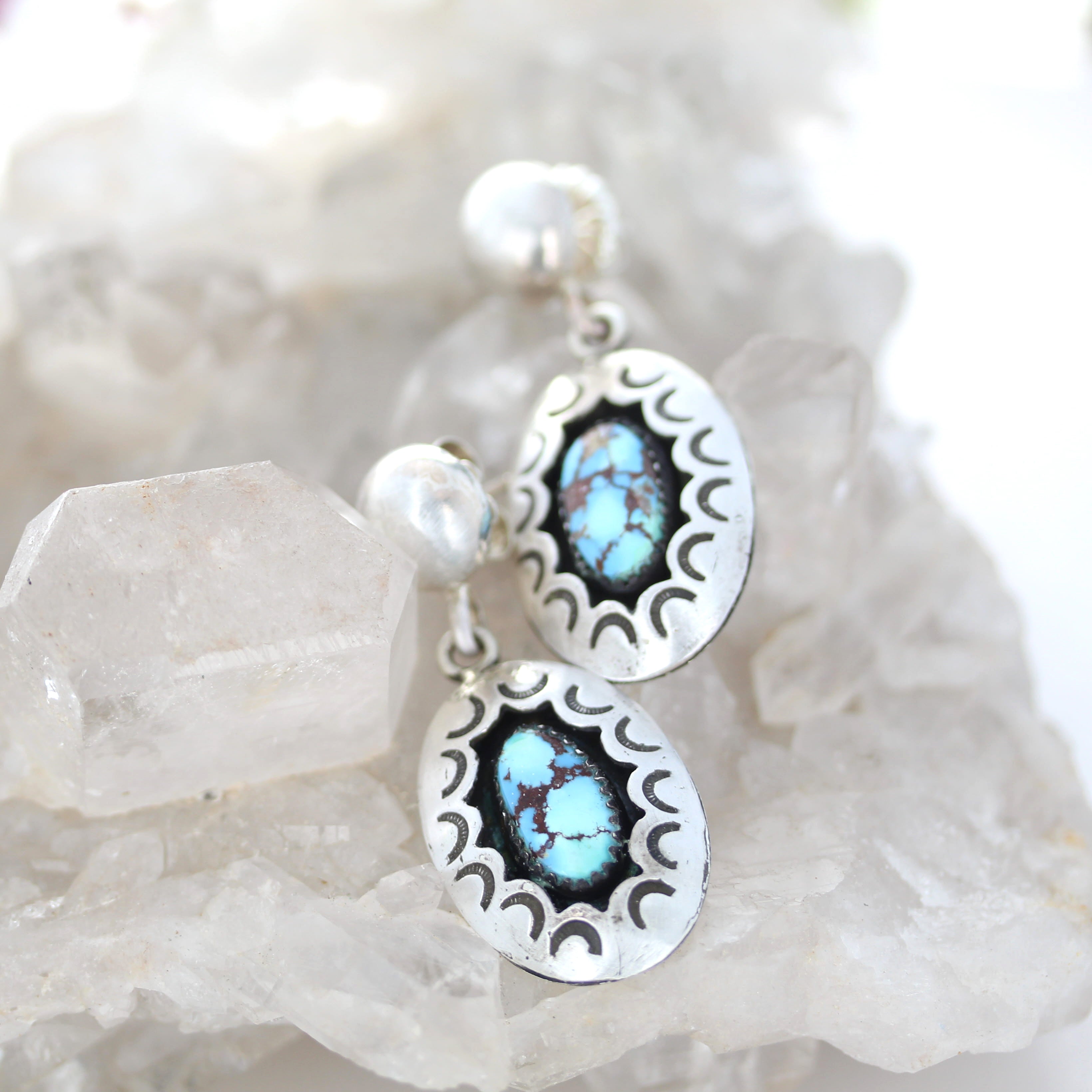 Kazakhstan Turquoise Earrings Shadow Box Oval Patterned Sterling Silver