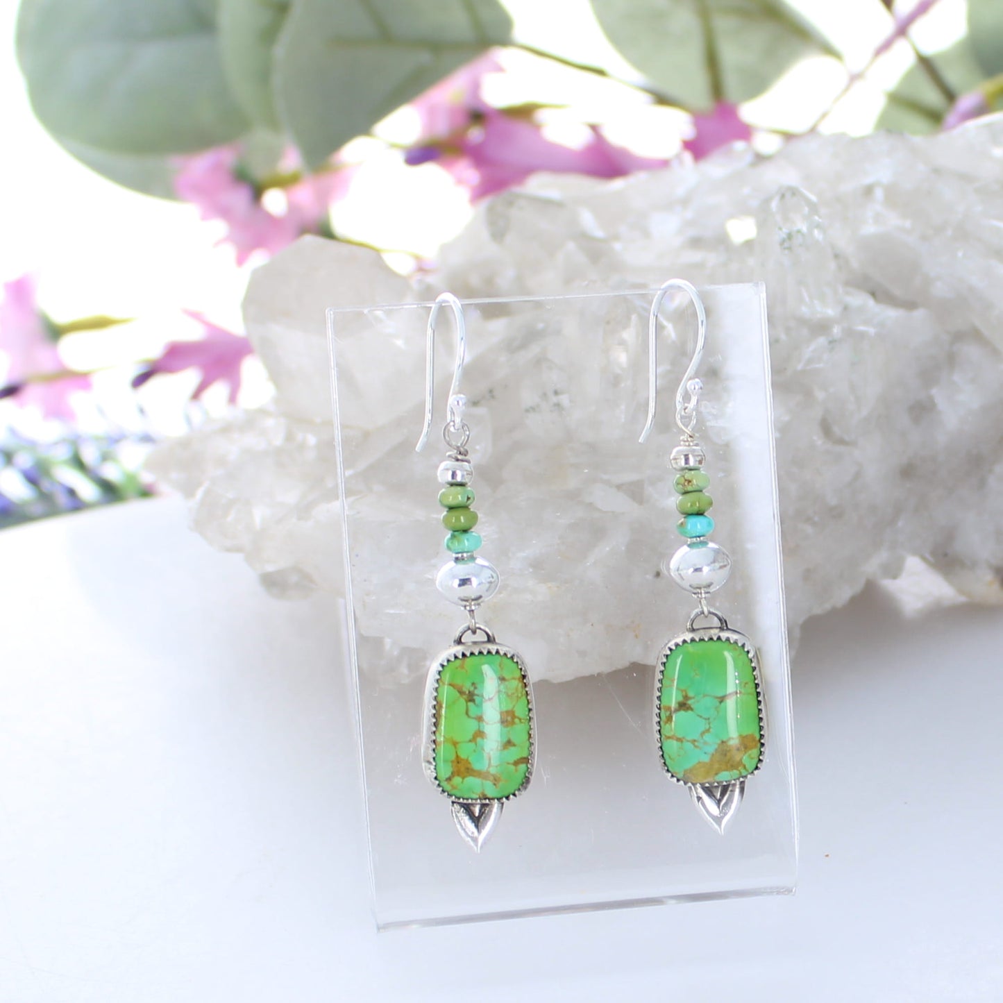 Green Sonoran Gold Turquoise Earrings Sterling Silver Cushion Shape