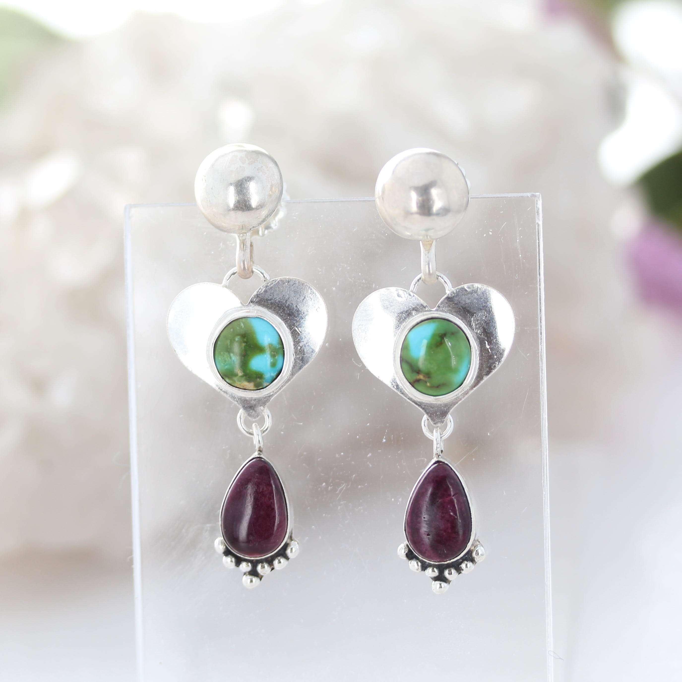 Sonoran Turquoise and Purple Spiny Oyster Earrings Sterling Hearts