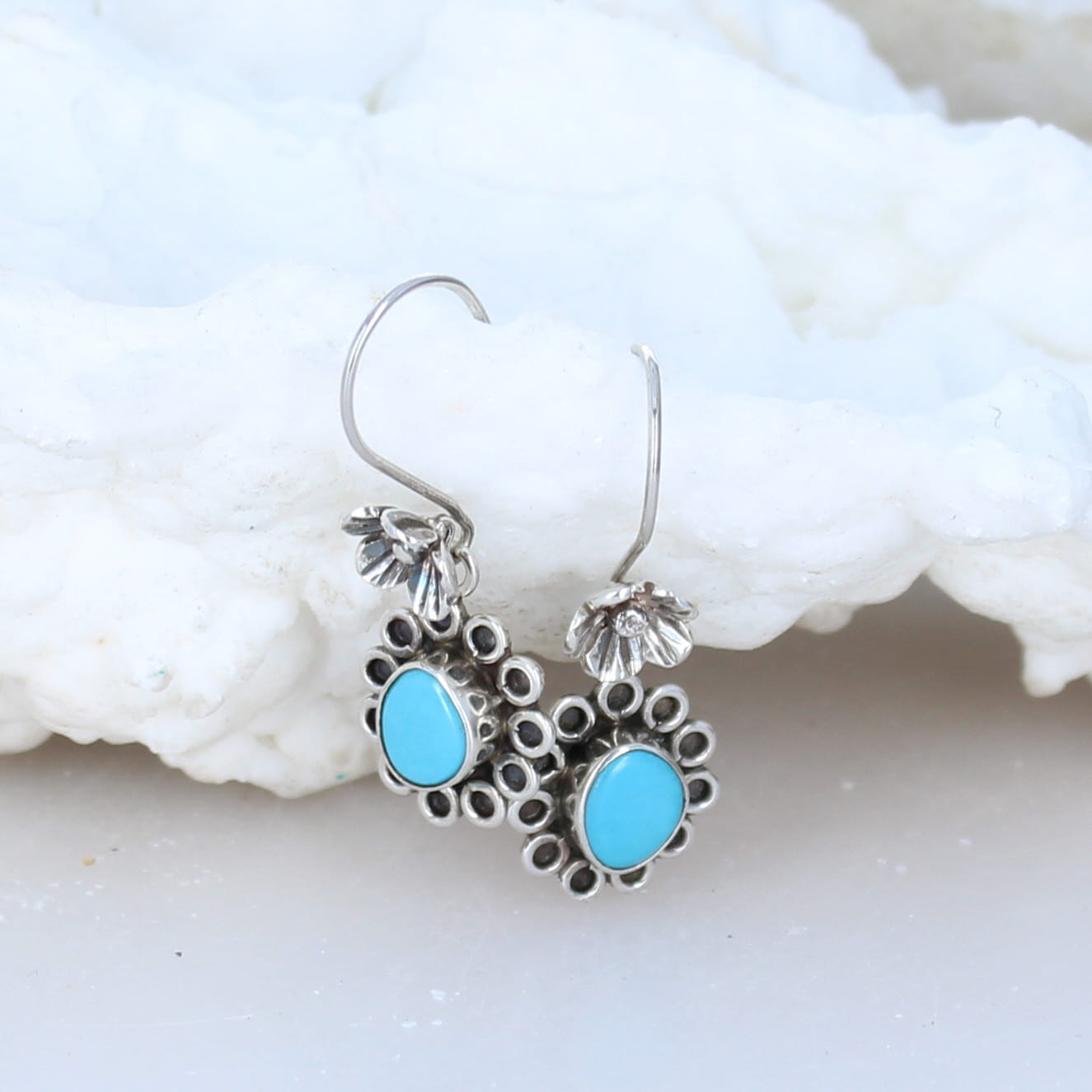 Sleeping Beauty Turquoise Earrings Floral Design Sterling -NewWorldGems