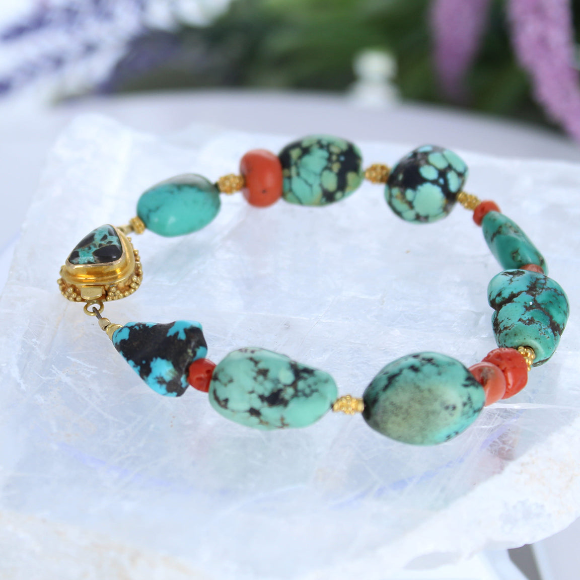 Antique Tibetan Turquoise with Coral And 18K Gold Bracelet #1