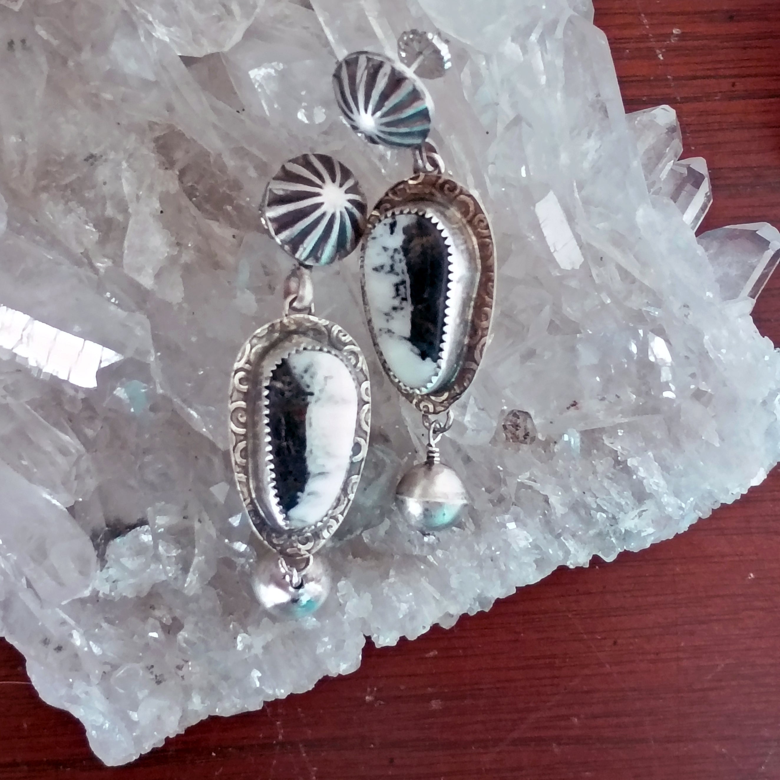 AAA WHITE BUFFALO Turquoise and Navajo Pearl Earrings Sterling 2"