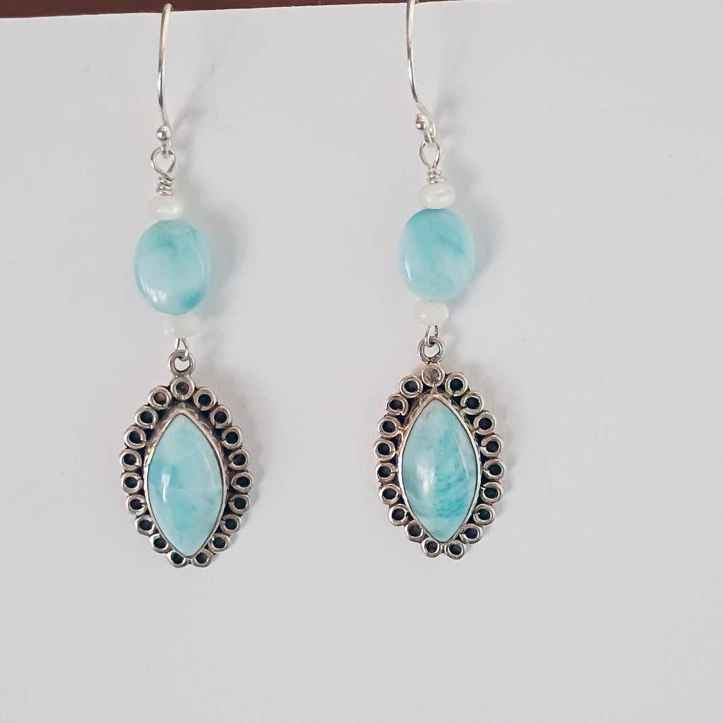 Larimar Earrings Marquis Shape Sterling French Ear Wire with Mother of Pearl