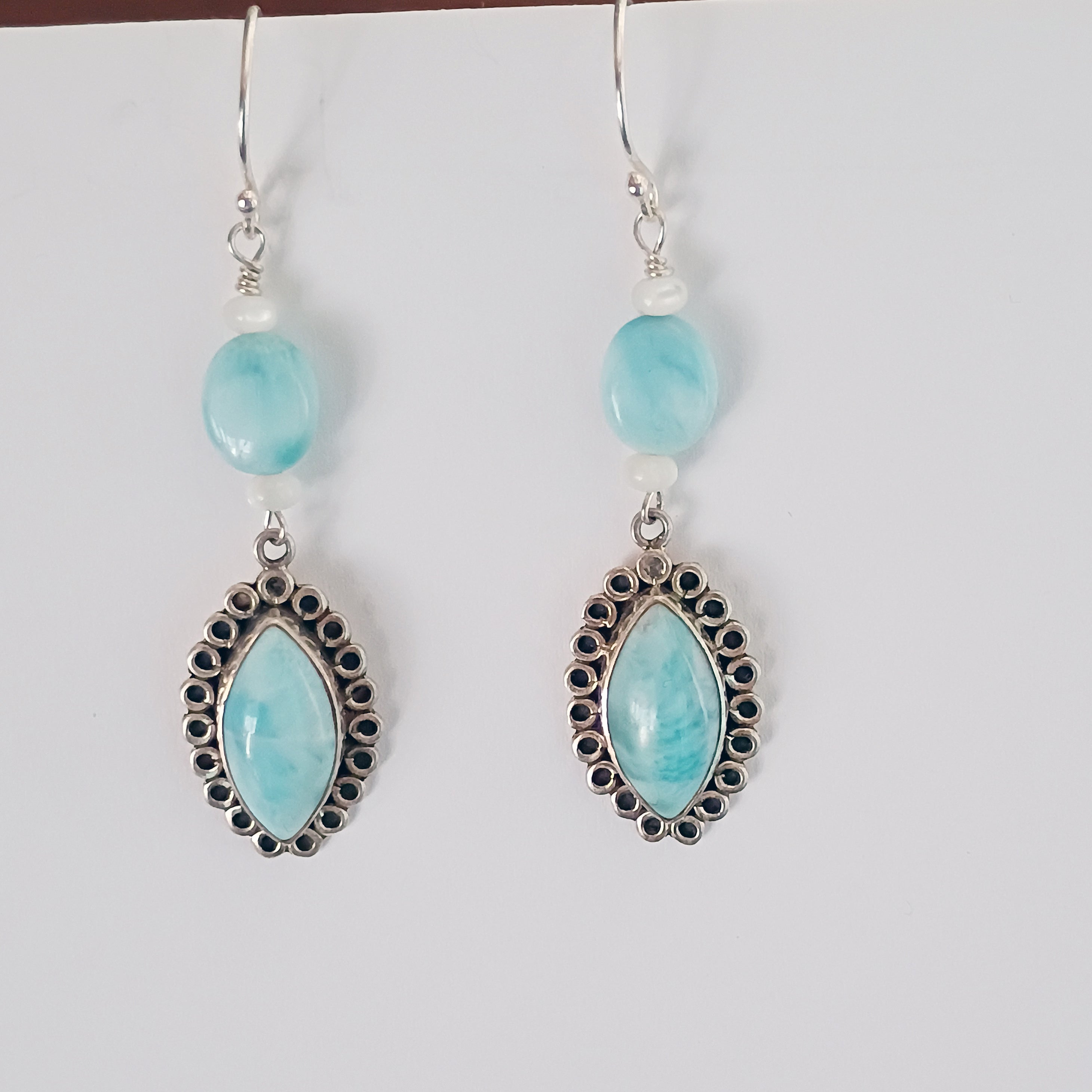 Larimar Earrings Marquis Shape Sterling French Ear Wire with Mother of Pearl