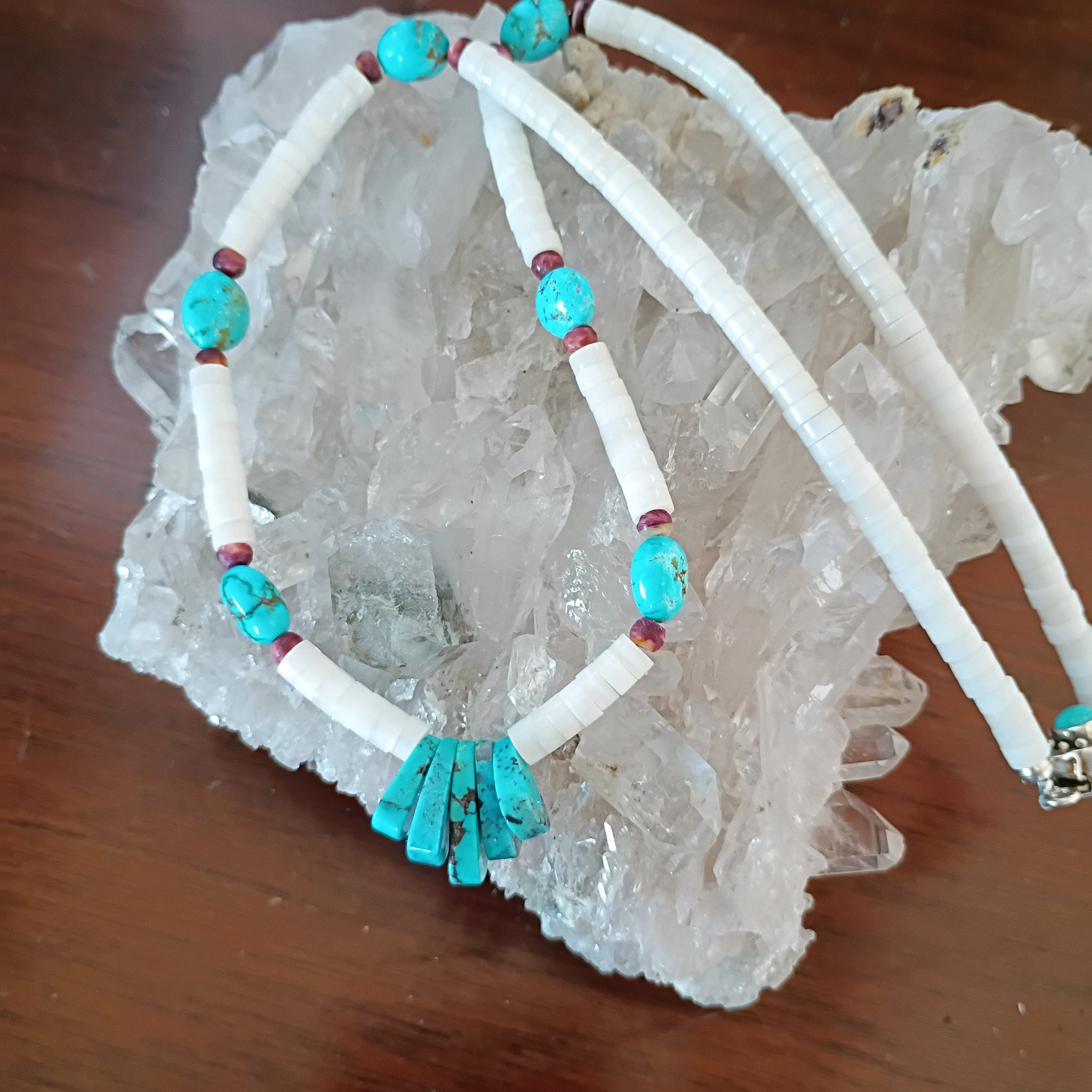 White Spiny Oyster and Blue Turquoise Necklace Sterling Silver 19.5"