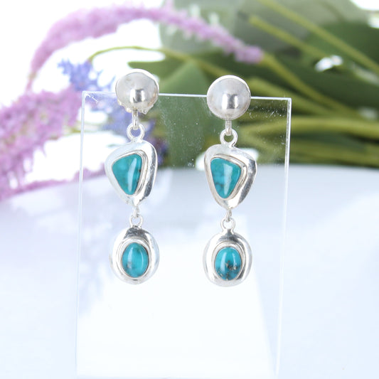 Teal Blue Fox Turquoise 2 Stone Earrings Sterling Silver