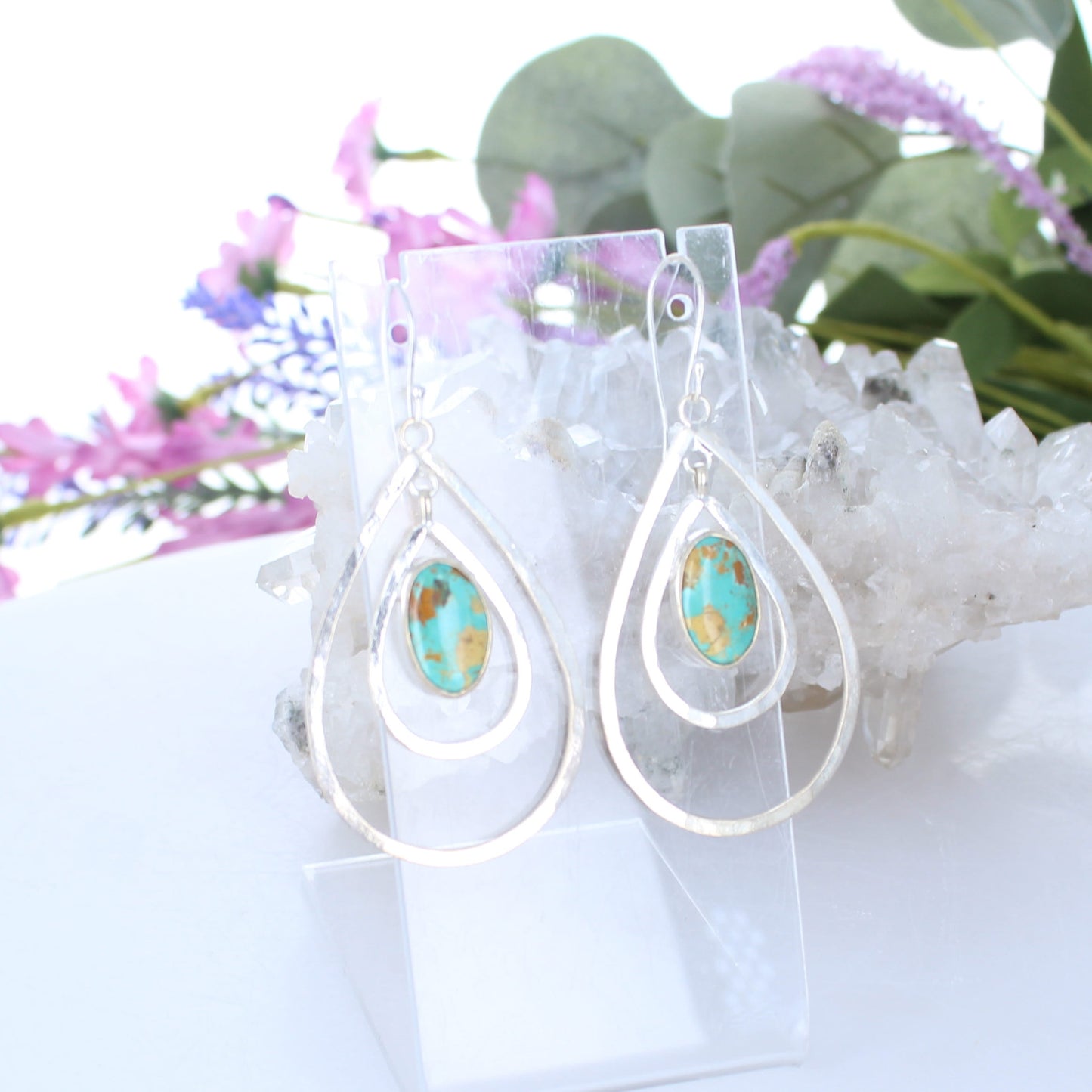 Royston Oval Turquoise Earrings Double Hoops Sterling Silver