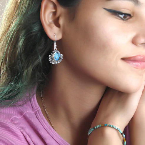 Kazakhstan Turquoise Earrings Sterling Silver Free Form Fancy Drops